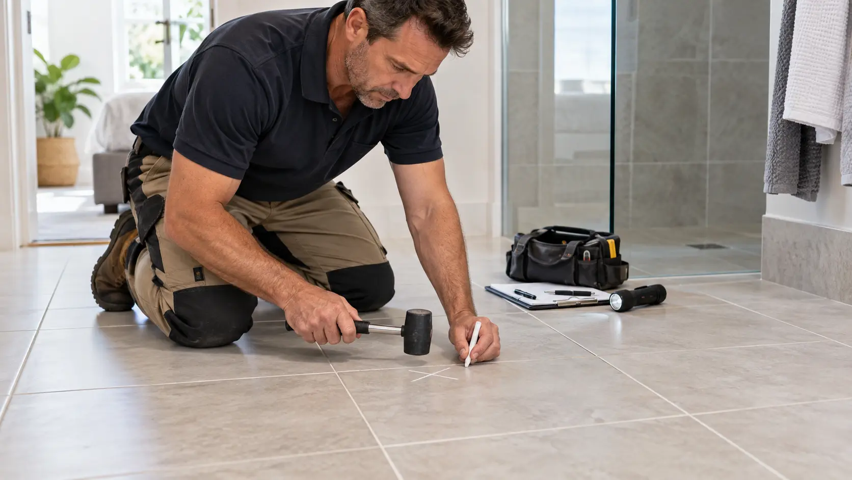 Technician tapping and marking a hollow-sounding ceramic floor tile during inspection