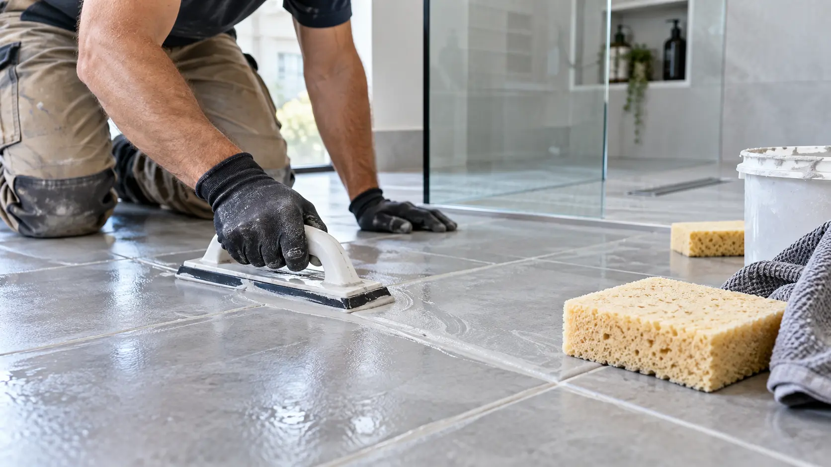 Professional applying epoxy grout to bathroom floor tiles with a grout float