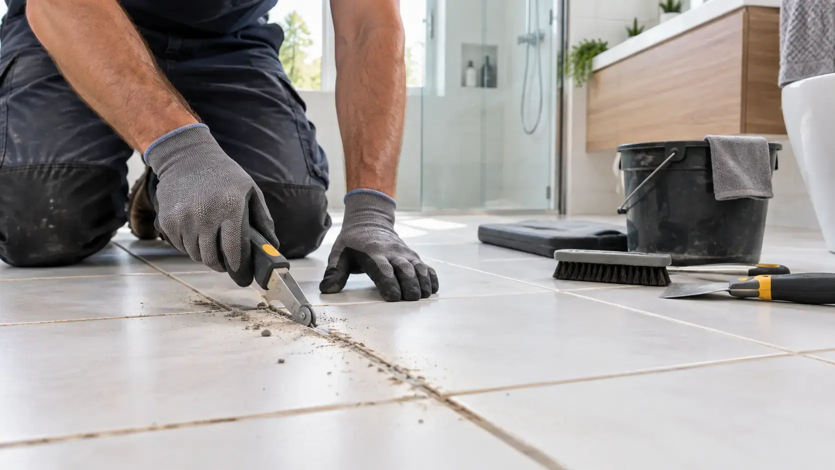 Professional removing deteriorated grout between ceramic floor tiles before regrouting