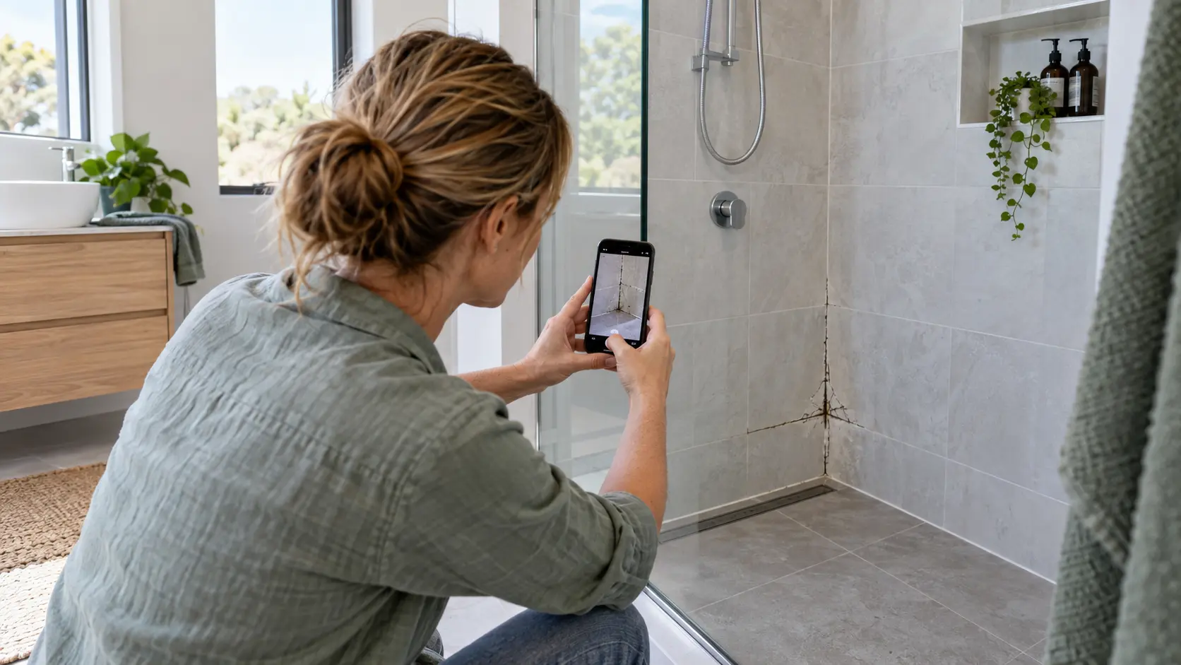 Homeowner photographing failed shower grout and silicone with a smartphone