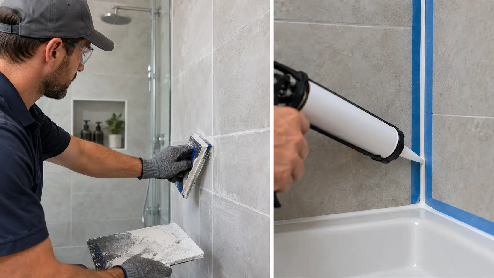 Technician regrouting shower tiles and applying flexible silicone to a tiled corner