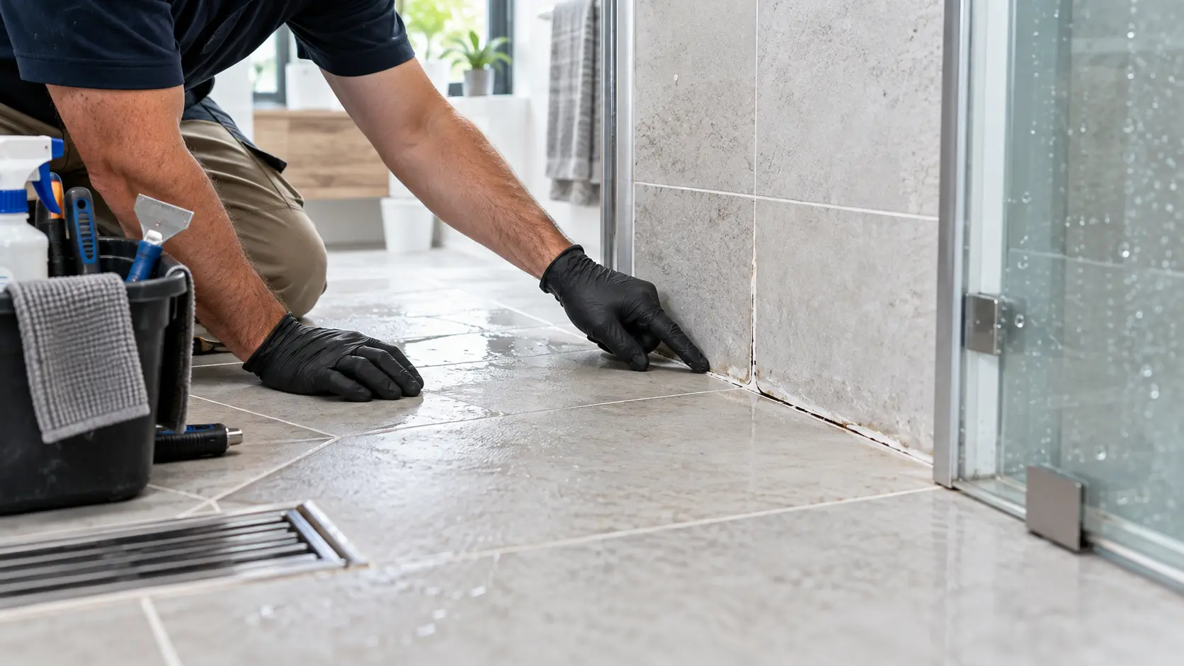 Technician inspecting failed silicone and grout at a tiled shower-floor corner