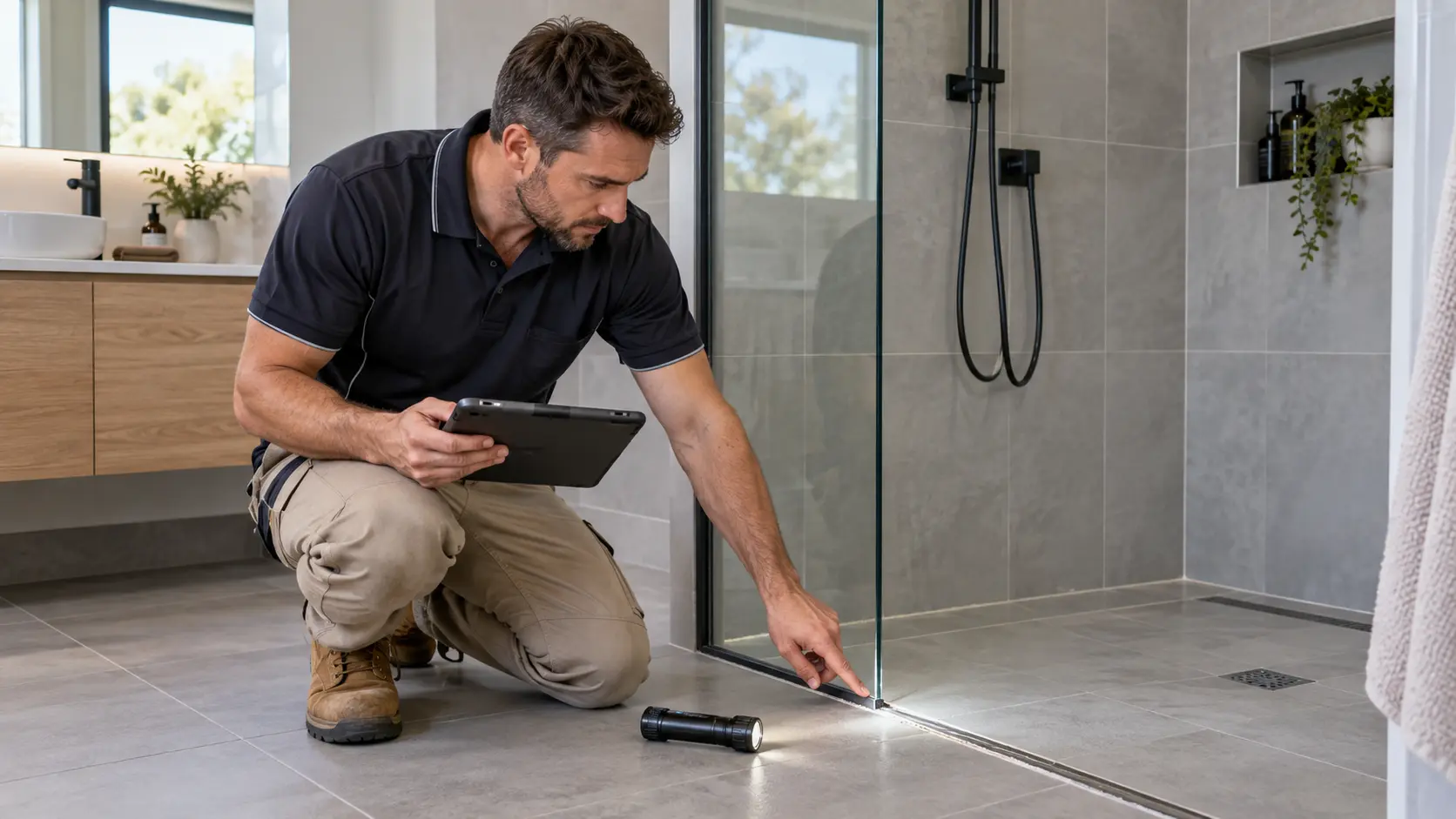 Technician assessing accessible shower joints and tiled surfaces before recommending repair