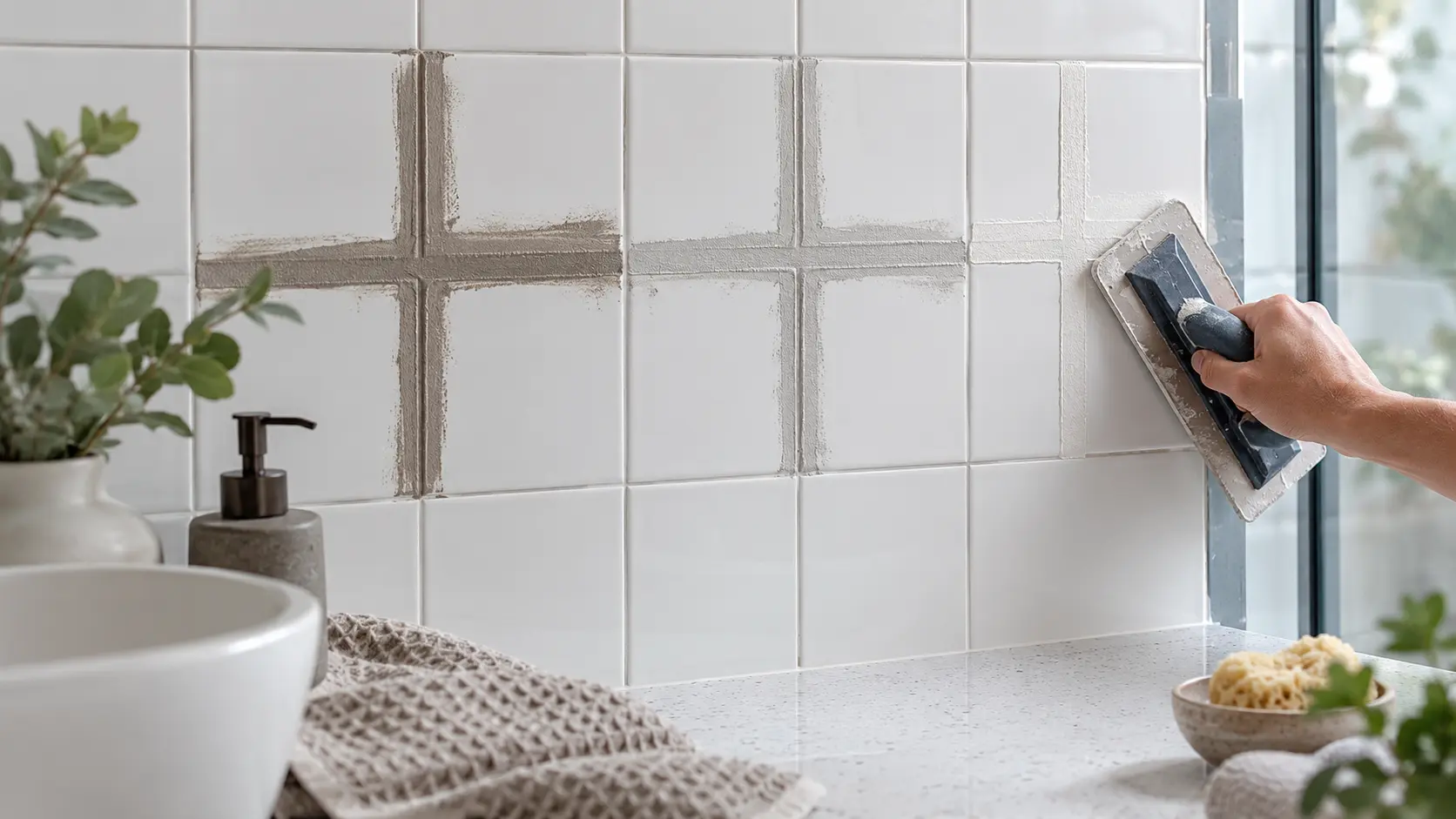 White ceramic tiles shown with soft white, light-grey and warm-grey grout samples